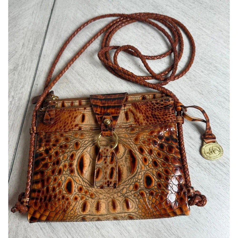 Brahmin Pecan Melbourne Croc Embossed Leather Crossbody Bag Organizer Vintage
